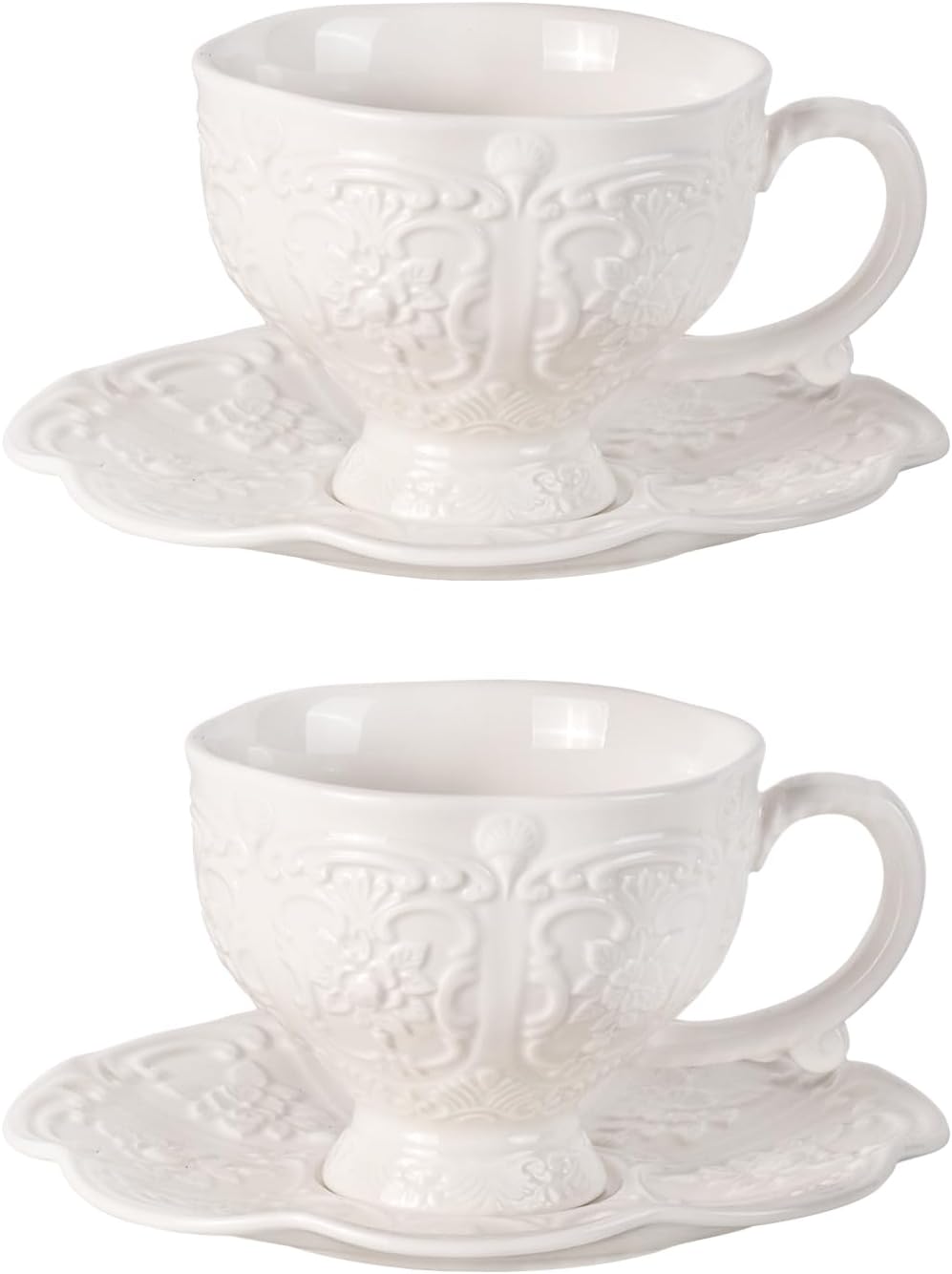 KAMMAK Tea Cups and Saucers Set of 2, Porcelain Coffee Cups, 7.8-Ounce Stackable Espresso Mugs, Ceramic Demitasse for Coffee, Latte, Americano, Tea, Britney