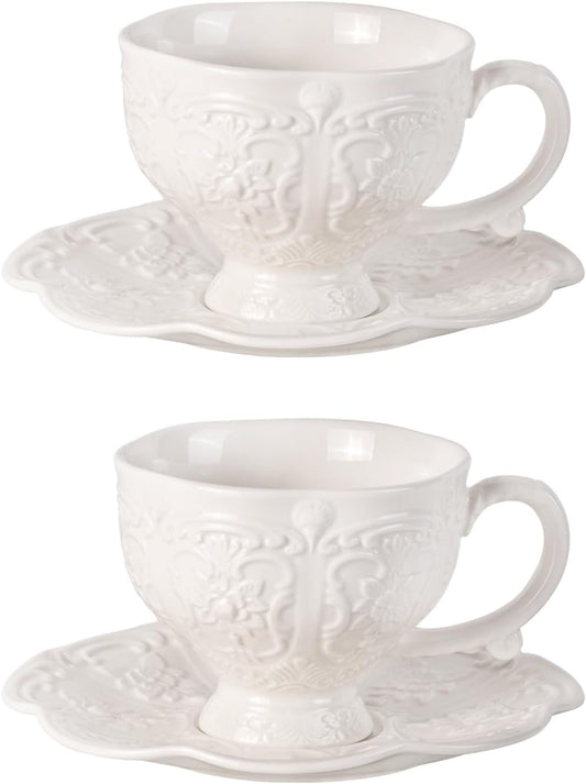 KAMMAK Tea Cups and Saucers Set of 2, Porcelain Coffee Cups, 7.8-Ounce Stackable Espresso Mugs, Ceramic Demitasse for Coffee, Latte, Americano, Tea, Britney