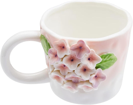 3D Flower Coffee Mug Pink Hydrangea Ceramic Cup,12 oz Cute Handmade Mugs,Christmas Birthday Surprise for Friends Family or Flower Lovers (Pink Hydrangea)