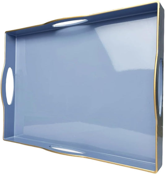Blue Serving Tray with 4 Handles, Plastic Decorative Tray for Coffee Table, Ottoman - Ideal for Living Room & Bathroom. 15” x 11” x 1.9”