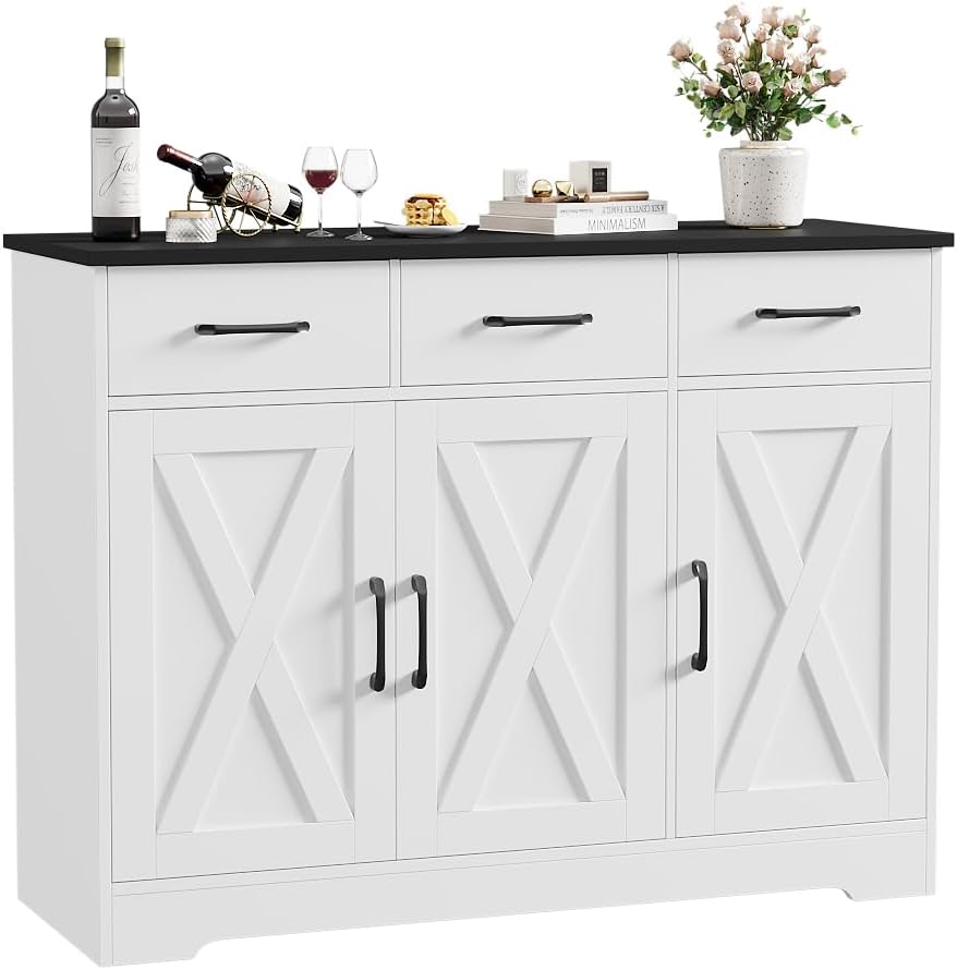 HOSTACK Modern Farmhouse Buffet Sideboard Cabinet, Barn Doors Storage Cabinet with Drawers and Shelves, Wood Coffee Bar with Storage for Dining Room, Kitchen, Living Room, White/Black