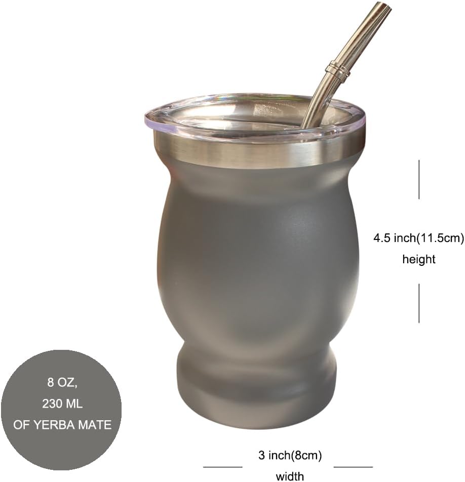 Beruth Bombilla Yerba Mate Gourd, 8oz Stainless Steel Tea Cup Set with a Multifunctional Lid, Two Straws and Cleaning Brushes, Double Walled Coffee Mug Heat Insulation Anti Scalding （Starry Sky Grey）