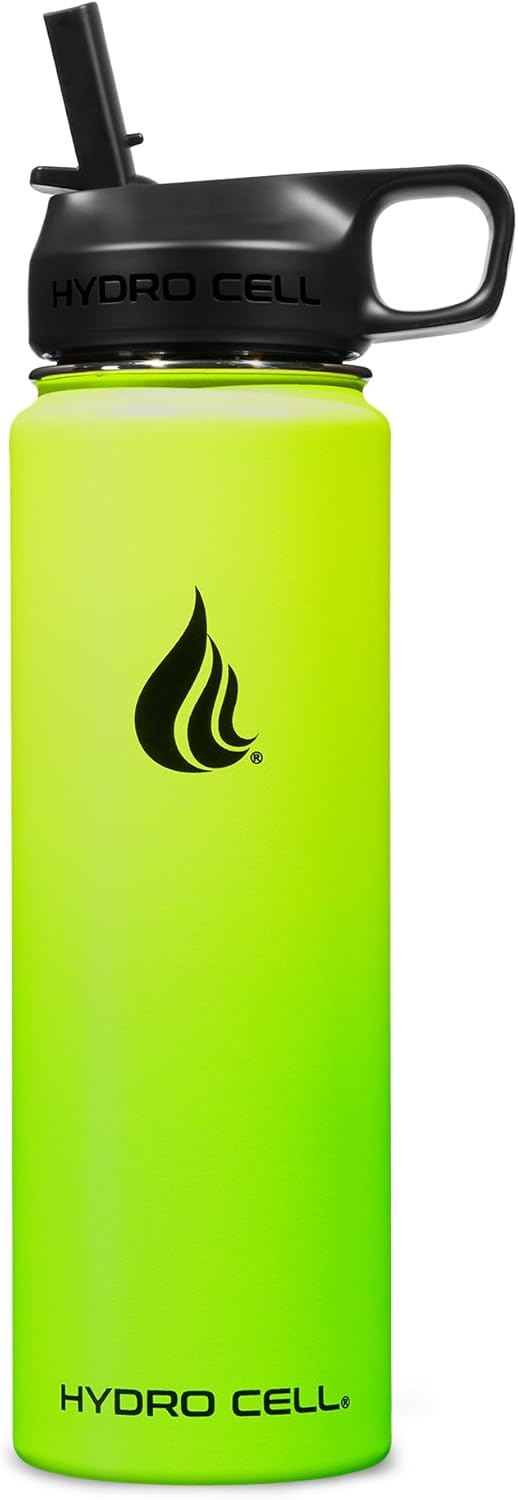 HYDRO CELL Stainless Steel Insulated Water Bottle with Straw - For Cold & Hot Drinks - Metal Vacuum Flask with Screw Cap and Modern Leakproof Sport Thermos for Adults (Neon 24oz)