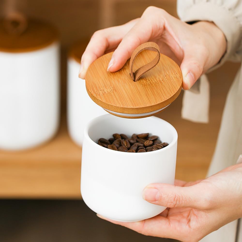 Ceramic Storage Jars, Modern Elegant Highly Polished Airtight Gorgeous Storage Canisters with Wooden Lid Small Food Stroage Jar for Kitchen Spice Tea Vanilla Sugar Coffee Beans (White medium)