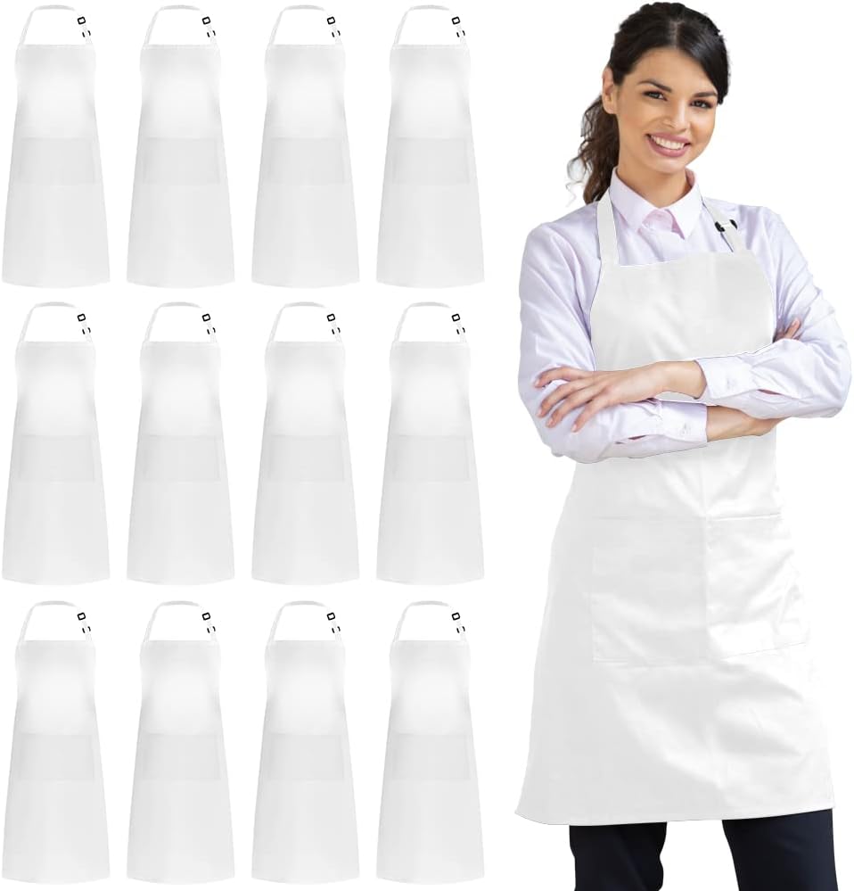 Syntus 12 Pack Bib Apron, Unisex Aprons Adjustable Waterdrop Resistant with 2 Pockets Cooking Kitchen Apron for Chef, BBQ Drawing Apron Bulk, White