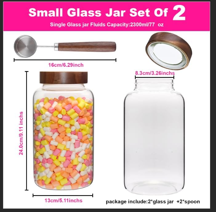 Glass Coffee Jars Spice Jar Round Storage Canister with Wooden Lid Clear Glass Food Jar for Pantry Sugar Tea Coffee Bean Spice Nuts Cookies Bath Salts (2300ml/77oz-2PACK(with spoon）)