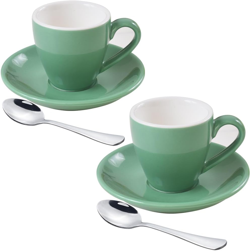 Porcelain Espresso Cup with Saucer And Stainless Steel mini Spoons, Espresso shot Cup, 80ml/2.7Oz, Pack of 2, Cyan
