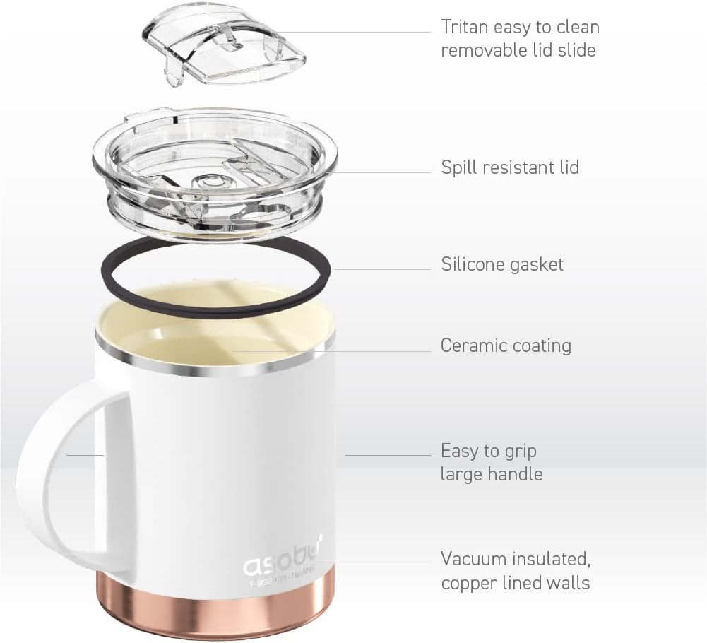asobu Ultimate Ceramic Travel Mug, 12oz Insulated Stainless Steel Coffee Cup with Handle & Splash-Resistant Lid, Ceramic Lined for Pure Taste, BPA-Free, Double-Wall Vacuum for Hot Drinks