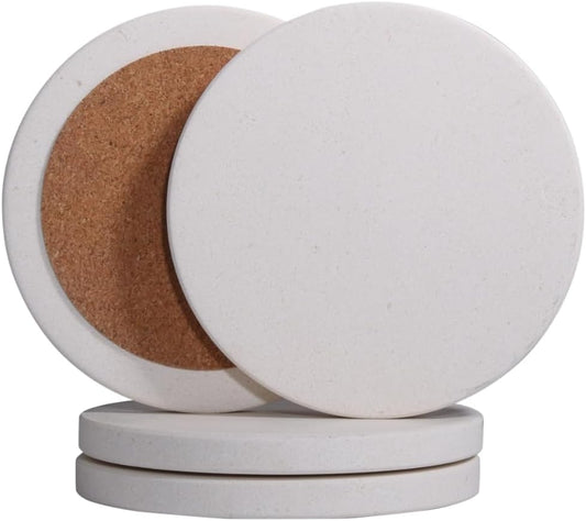 CASACOUTURE- Absorbent Stone Coasters Set of 4 - Round 4" Diameter Cream White Marble Drink Coasters for Housewarming Gift,Genuine Natural Semi