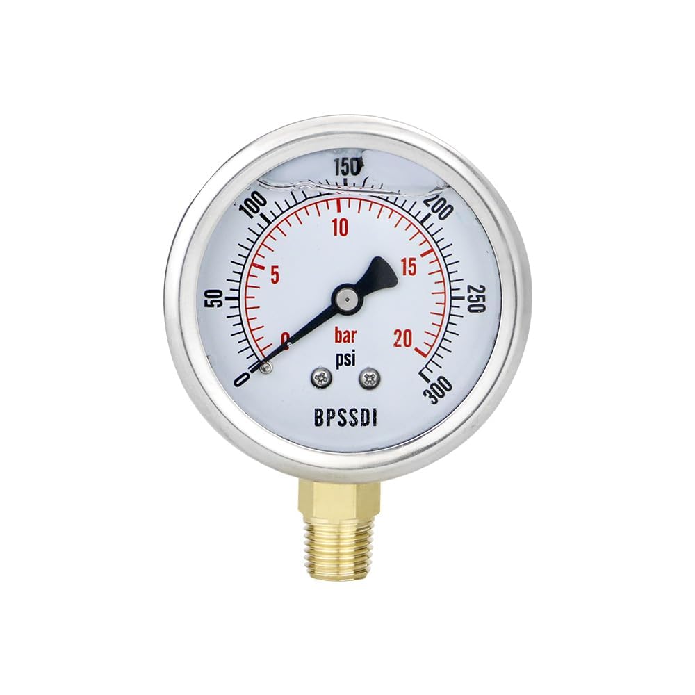 0-300 Psi Glycerin Liquid Filled Pressure Gauge, 2.5" Dial Size, 1/4" NPT Lower Mount, 304 Stainless Steel Case, for Pool Pump Sand Filter Air Compressor, Water Oil Air Pressure Test