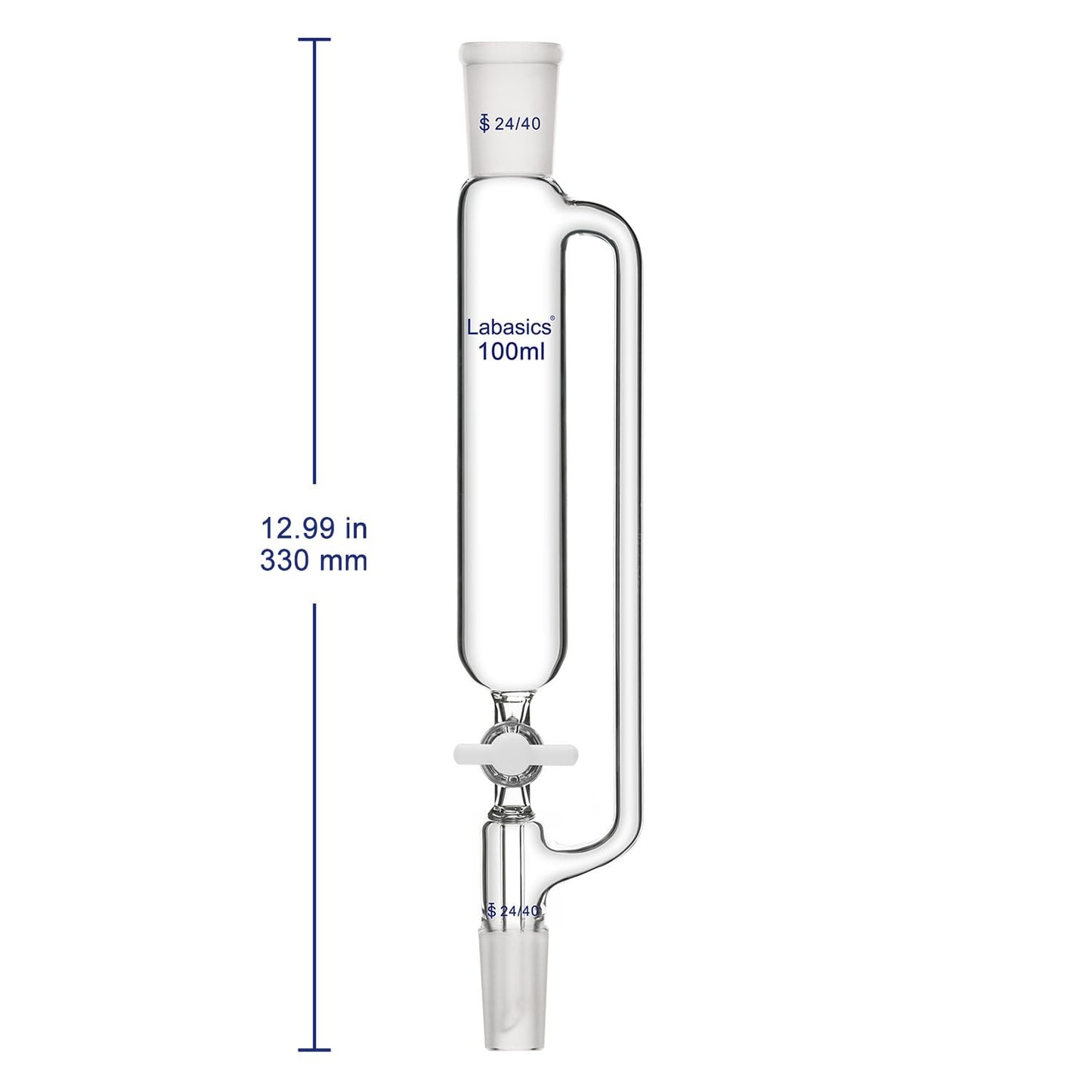 Labasics 100 ml Pressure Equalizing Addition Funnel, Borosilicate Glass Dropping Funnel 24/40 Joint with PTFE Stopcock for Laboratory