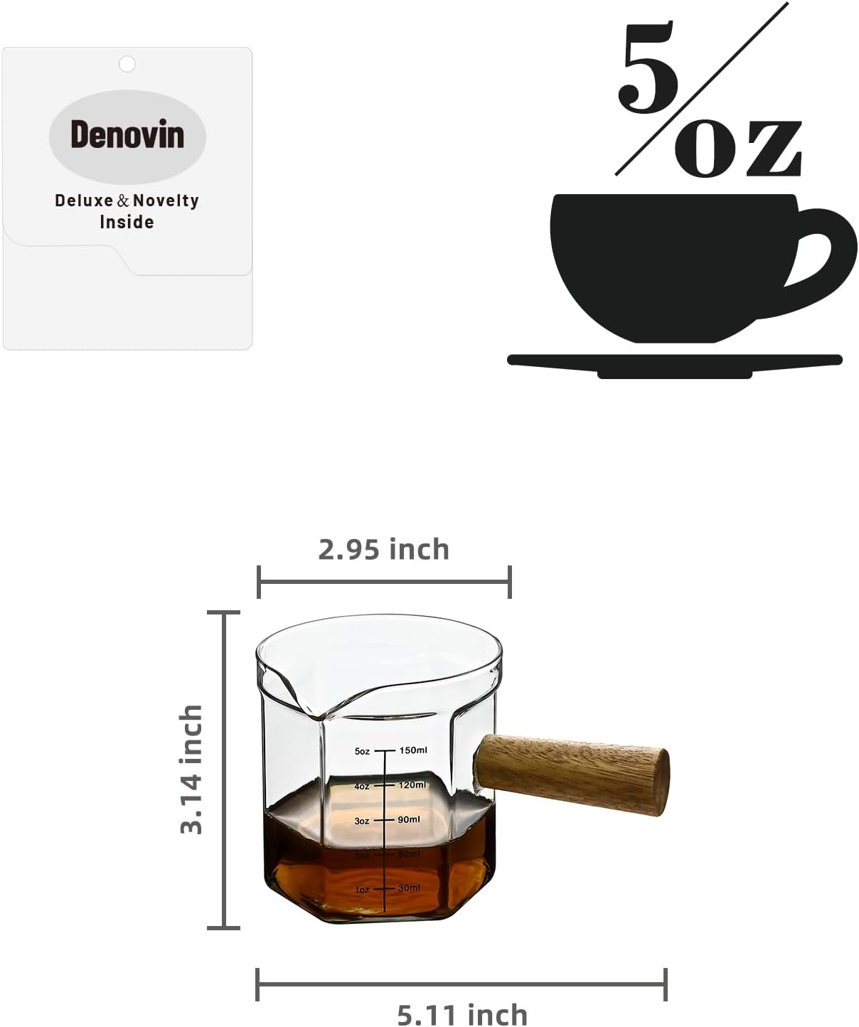 Glass Measuring Cup, 5oz Clear Espresso Shot Glass with Wood Handle, Single Spout Measuring Triple Pitcher Milk Cup for Coffee Tea (Transparent)