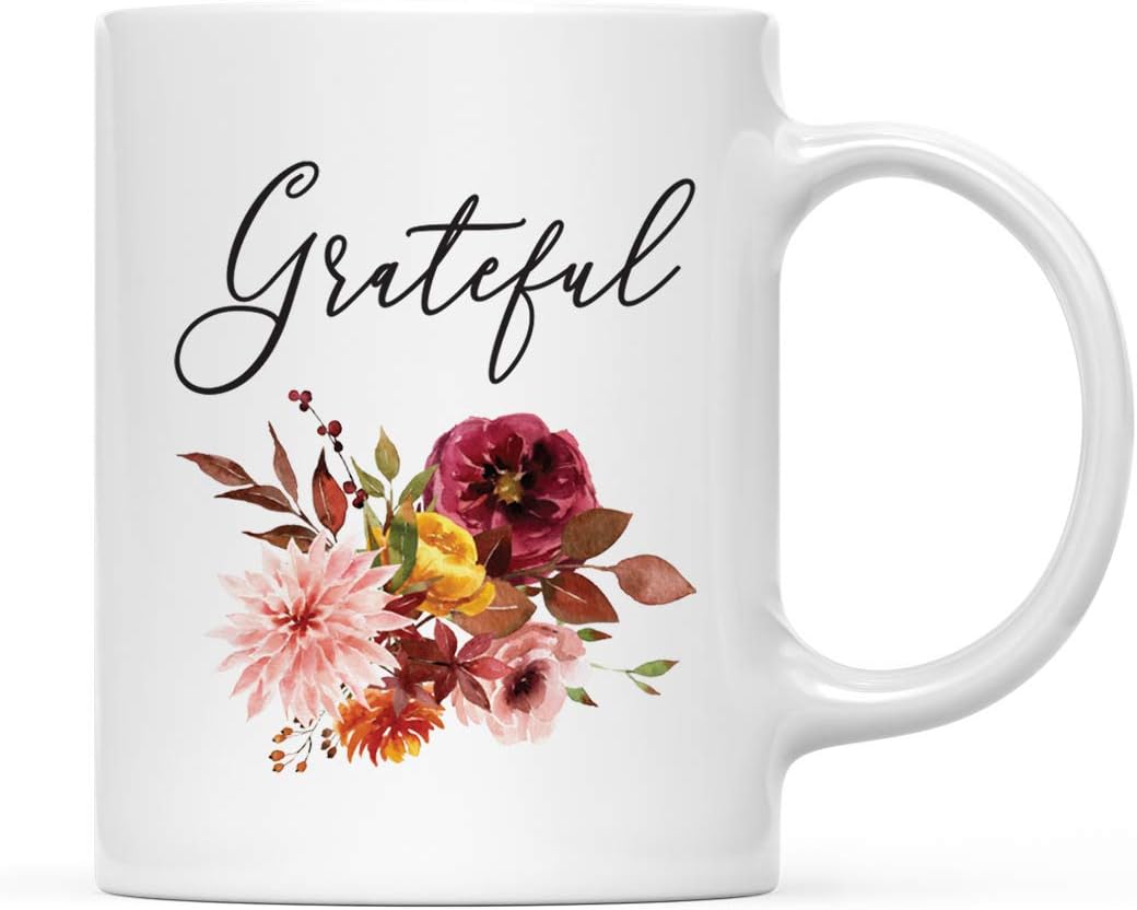 Andaz Press Fall Burgundy Marsala 11oz. Ceramic Coffee Tea Mug, Grateful, 1-Pack, Floral Blooms Graphic, Birthday, Friend, Family, Coworker, Autumn Season, Festive Thanksgiving Ideas