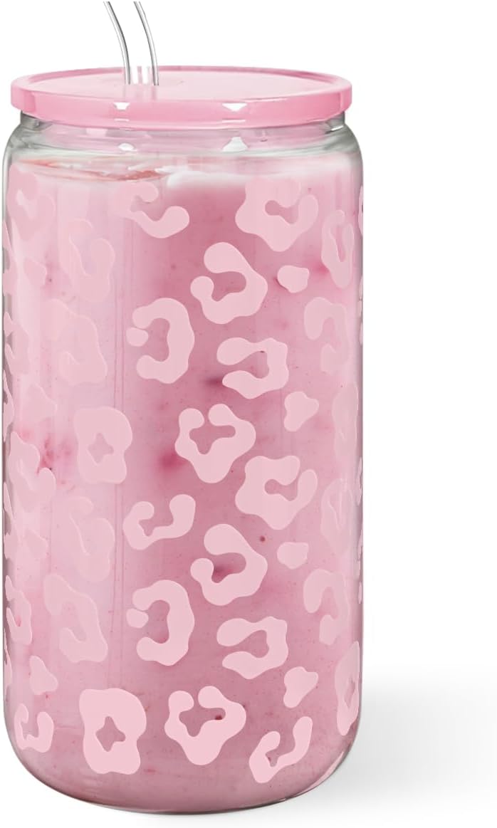 SANDJEST Leopard Glass Bottle, Pink Leopard Print Glass Cup with Lid & Straw, Iced Coffee Aesthetic Glass Can, Gifts for Women, Christmas Birthday Mother's Day
