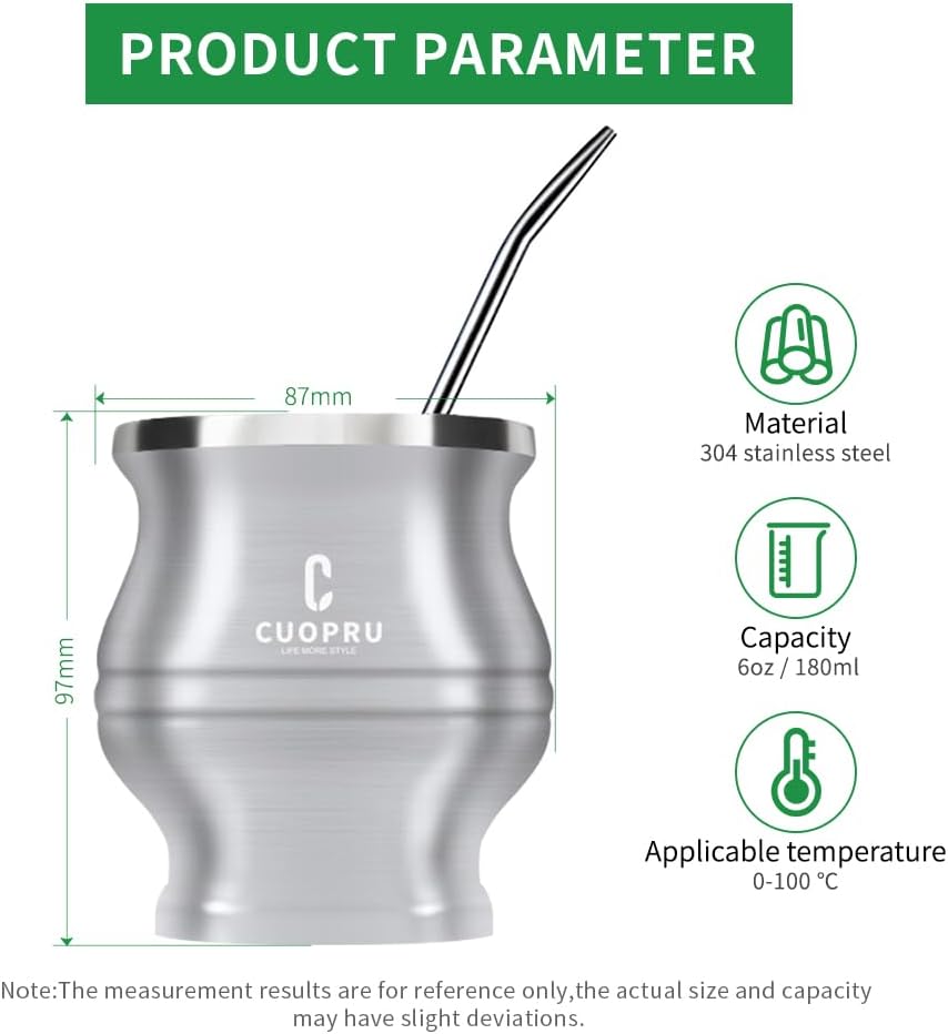 Yerba Mate Cup - Mate Gourd Set Includes Double Walled Stainless Steel Tea Cup, Tea Shaper set, Bombilla Straws, Cleaning Brush