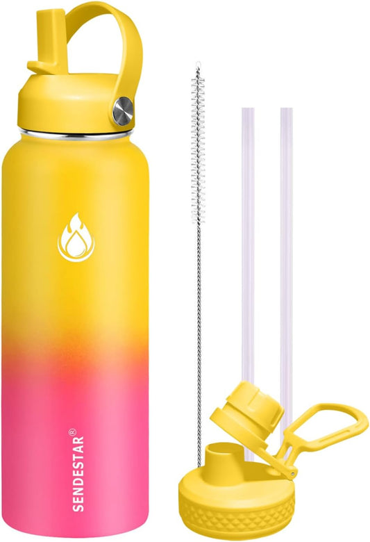 SENDESTAR Stainless Steel Water Bottle, Wide Mouth Water Bottle 32 oz with Straw Lid, Spout Lid, Double Wall Vacuum Insulated Leak Proof, Keeps Liquids Hot or Cold (Yellow&Pink)
