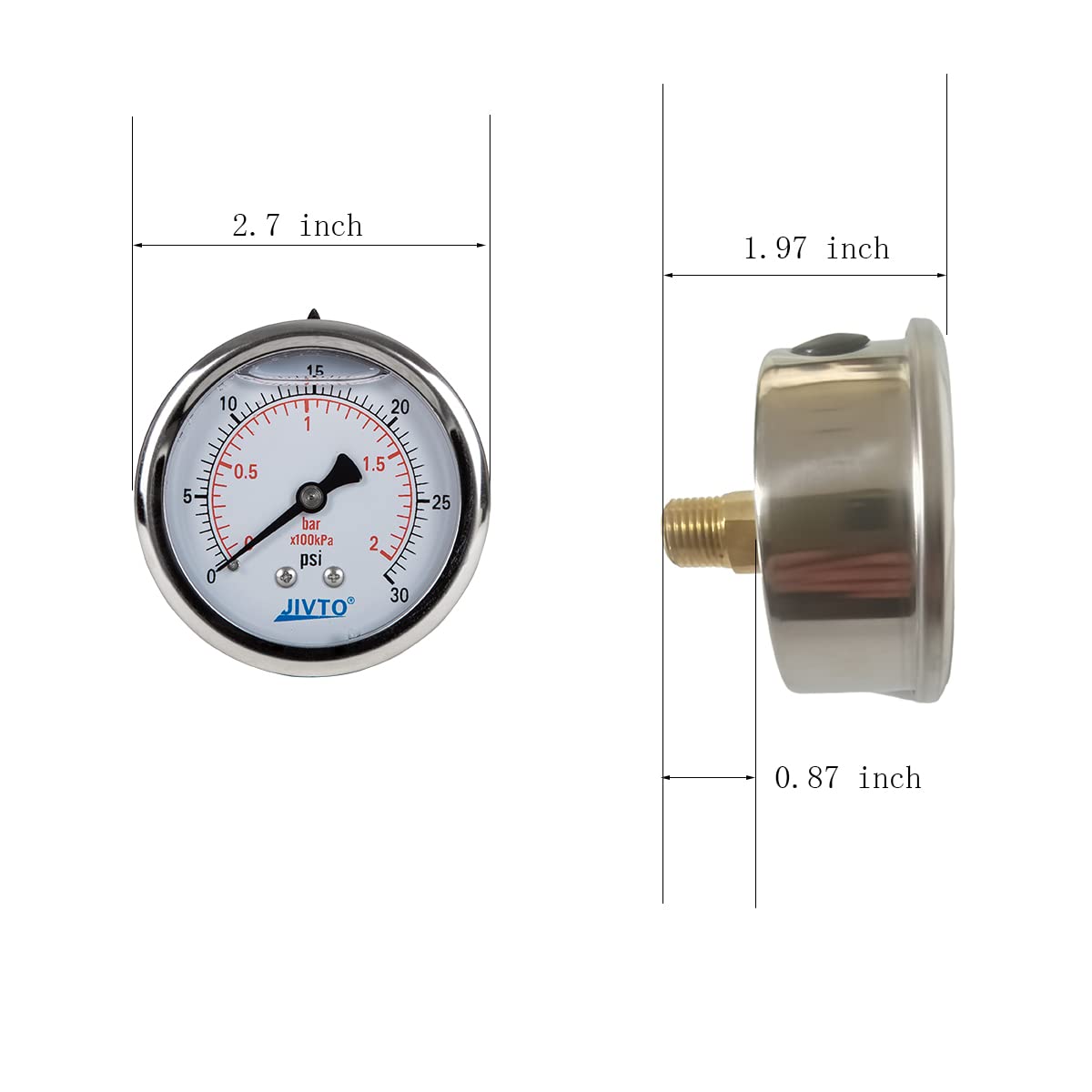 Pressure Gauge,Liquid Filled,2-1/2" Dia,0-30 psi/bar/kpa,1/4" NPT Back Mount, Polycarbonate Lens Window, Stainless Steel case