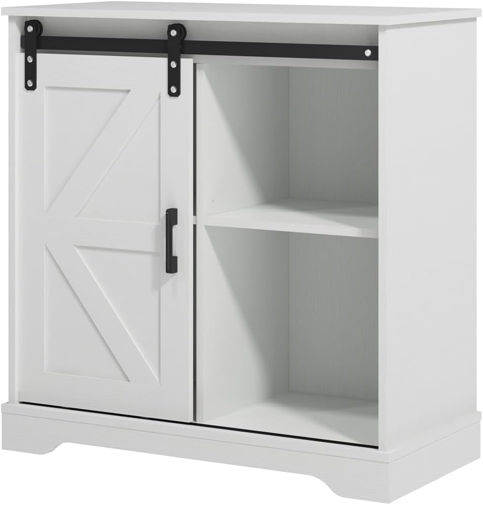 Panana Sliding Barn Door Buffet Sideboard Storage Cabinet Coffee Bar Kitchen Farmhouse Style (White)