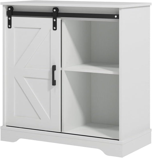 Panana Sliding Barn Door Buffet Sideboard Storage Cabinet Coffee Bar Kitchen Farmhouse Style (White)
