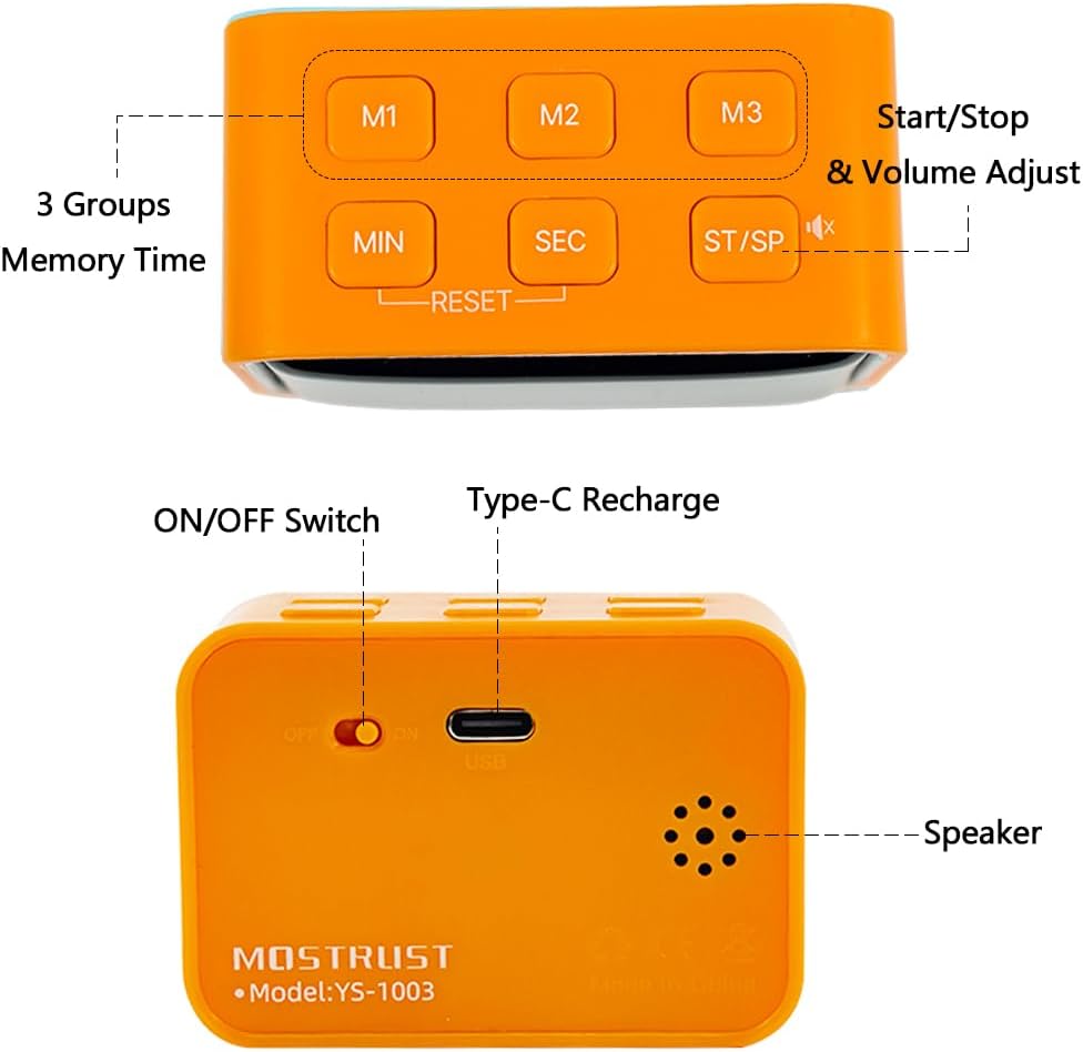 Digital Mini LED Timer, Rechargeable LED Countdown/Up Timer, 3 Pre-Set Memory Time Loud Alarm ON/Off Function, Ideal for Homework, Classroom, Office, Cooking, Students Kids (Orange)