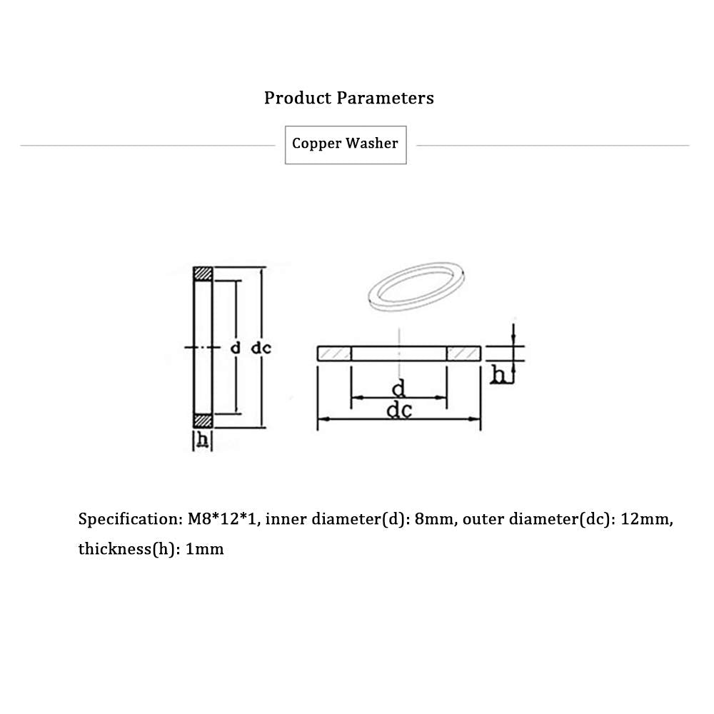 M8 Flat Washer Copper Sealing Ring, 8mm ID 12mm OD 1mm Thickness Metric Sealing Gasket, 100 Pieces