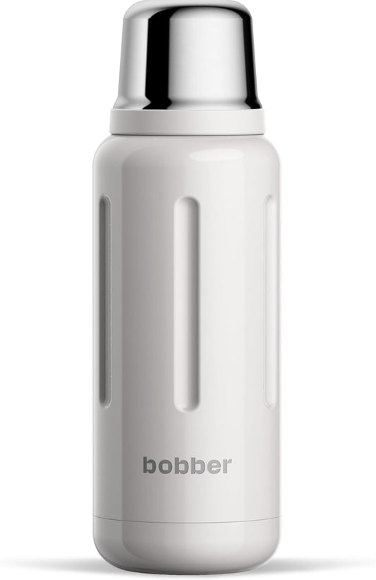 BOBBER 34 oz Stainless Steel Travel Thermos for Hot and Cold Drinks – Dishwasher Safe Metal Water Bottle with Cup Lid – Keeps Hot for 48 Hours – BPA-Free, Vacuum Insulated (Sand Grey)