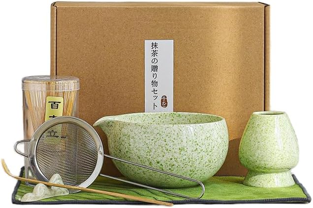 Inmorven Matcha Whisk Set, 7 Pcs Matcha Kit Includes Matcha Bowl, Whisk & Holder, Bamboo Scoop, Scoop Rest, Sifter & Tea Towell - Japanese Tea Tools For Ceremony Gift