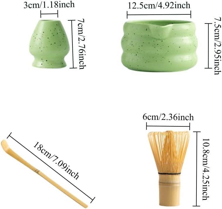 4pcs green ceramic matcha bowl with black speckles, perfect for matcha green tea, coffee, or as part of a matcha kit with whisk, sifter, and glass straws