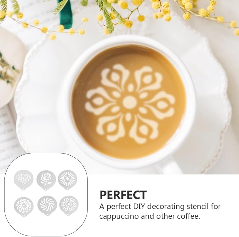DOITOOL 6 Pcs Coffee Stencils Latte Art Stainless Steel Cappuccino Templates Coffee Templates for DIY Cupcake Mousse Hot Chocolate Milk Foam