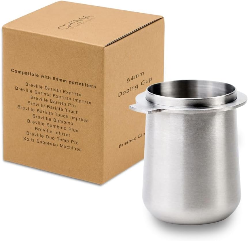 Crema Coffee Products | 54mm Dosing Cup | Brushed Silver | 100% Stainless Steel | Espresso Coffee Dosing Cup | Fits 54mm Breville Portafilters
