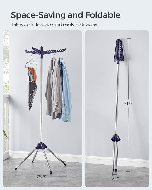 SONGMICS Clothes Drying Rack, 59-Inch Folding Laundry Drying Rack with 3 Rotatable Arms for Hangers, 4 Legs, Stainless Steel, for 27 Pieces of Clothes, Blue and Silver ULLR510Q01