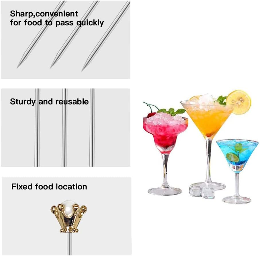 Stainless Steel Cocktail Picks Crown,Metal Martini Sticks,Fruits Toothpicks,Reusable Garnish Skewer Drinks Sandwiches Appetizers Olives Fruits Barbecue Snacks of 8 Pieces (Glod)