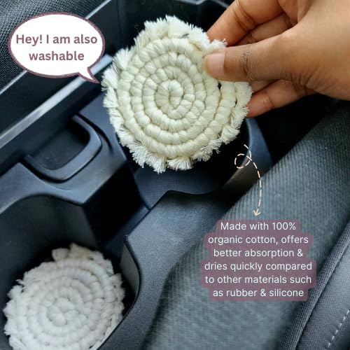 Cotton Car Coasters for Cup Holders, 2PC Car Cup Coasters, Drink Coaster Holder, Cute cupholder Coaster Accessories for Women, Macrame, Boho (Vanilla White)