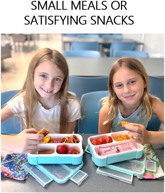 kinsho Glitter Bento Snack Containers with Lids, Mini Bento-box Lunch-Box for Toddler Daycare and Small Kids, Travel Meal Container, Leak-proof 2 pack Set, Pastel Blue + Teal Sparkle