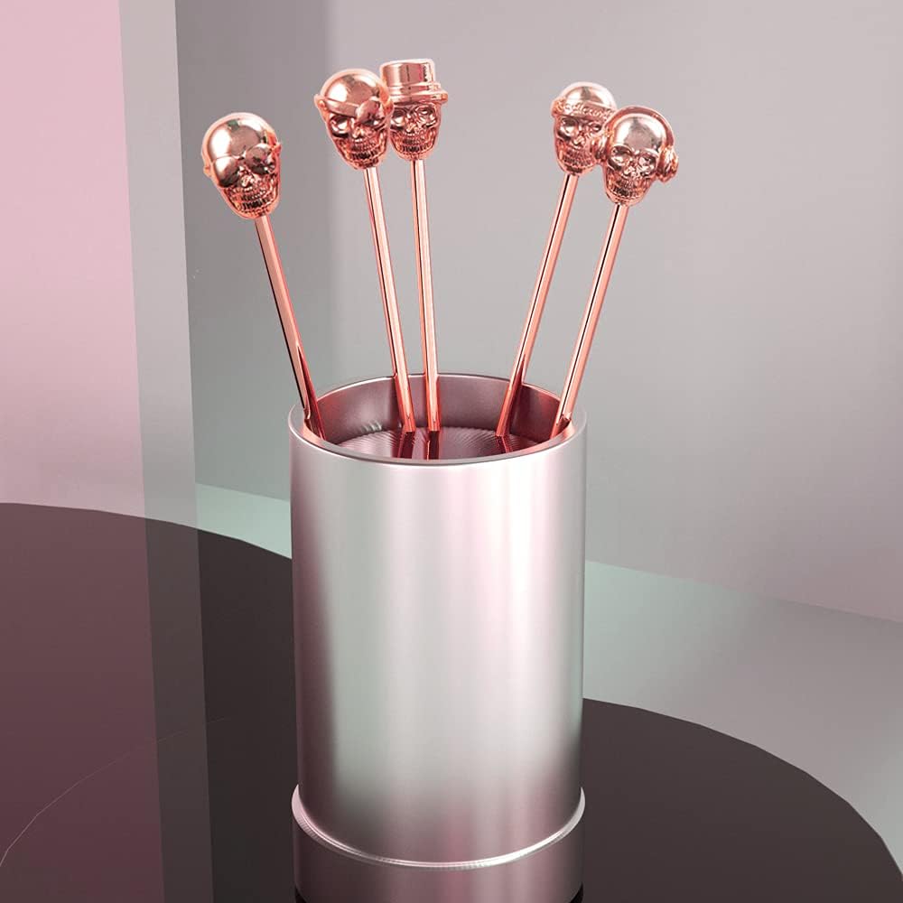 Skull Shape Swizzle Sticks, Reusable Stainless Steel Coffee Beverage Stirrers Cocktail, 5-Pack Drink Stir Sticks for Bar Party Home Office (Rose Gold)