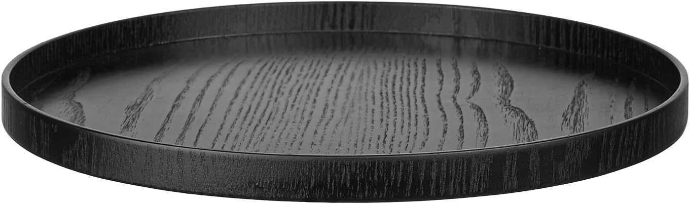 Round Solid Wood Serving Tray Extra Large Tea Coffee Snack Food Meals Serving Plate Non-Slip Kitchen Party Bar Server Ottoman Tray Breakfast Tray with Raised Edges (13inch/33cm) Black
