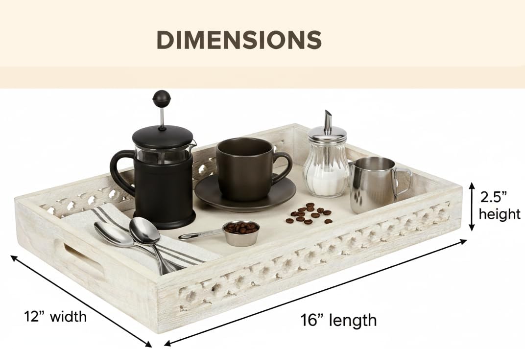 Mela Artisans Whitewash Wooden Decorative Tray with Handles | 16x12x2.5 Mango Wood Ottoman Tray | for Kitchen Countertop | Coffee Table | Snacks | Desserts | Breads | Bedroom Decor