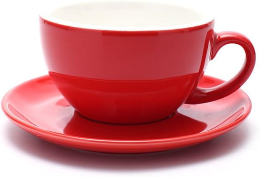 Ceramic Latte Art Cup and Saucer for Latte & Cappuccino & Double Espresso, Mate for Coffee Shop and Barista (Glossy Red, 10.5 oz)