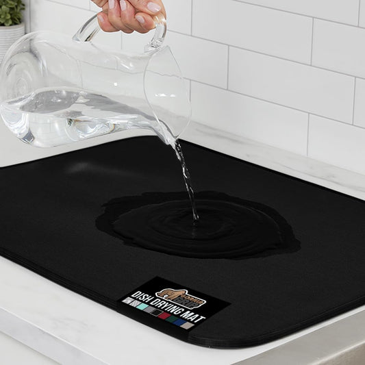 GORILLA GRIP Ultra Water Absorbent Microfiber Dish Drying Mat, Quick Dry Thick Mesh, Slip Resistant Pad for Sink Dishes or Under Rack, Kitchen Counter Accessories, 16x18, Machine Wash Mats, Black