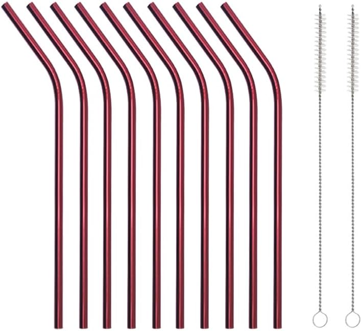 10 Pcs Stainless Steel Straws, Reusable Drinking Straws, Bent Metal Straw Sets with 2 Pcs Cleaning Brushes (Red, 8.5 Inch)