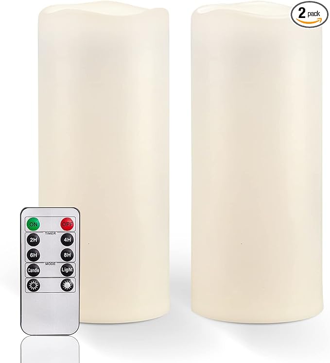 Homemory 10" x 4" Large Waterproof Outdoor Flameless Candles with Remote Control and Timer, Battery Operated Flickering LED Pillar Candles for Outdoor Larterns, Porch, Long Lasting, Set of 2