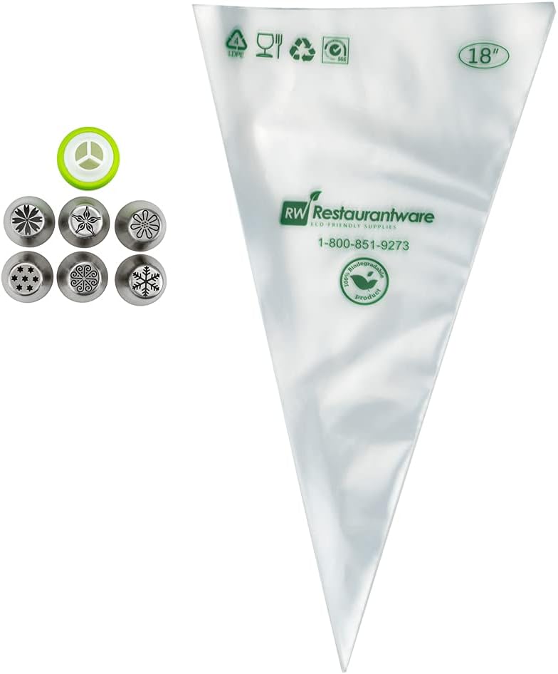 Restaurantware Pastry Tek Russian Piping Tips Set 17 Piece Durable Cake Decorating Kit - 6 Piping Tips 10 Piping Bags Stainless Steel Piping Bags And Tips Set 1 Tri-Color Coupler