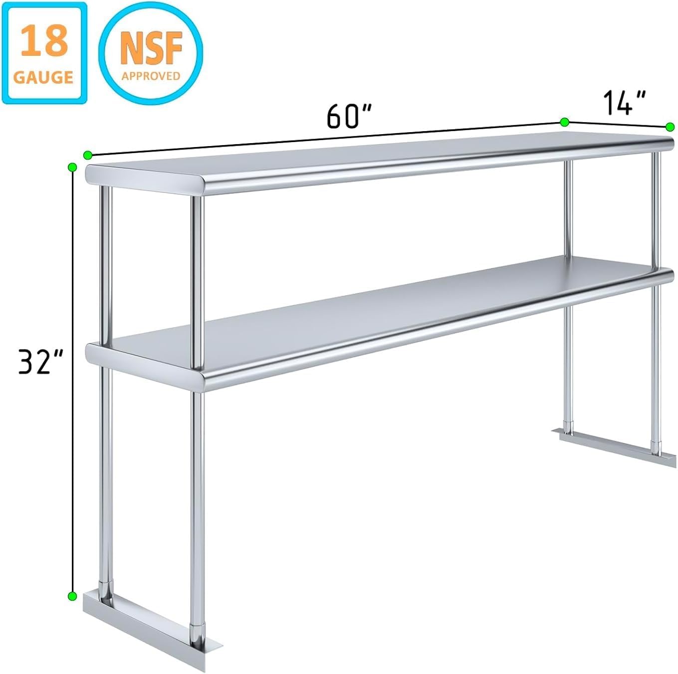NSF Certified 18 Gauge Heavy Duty Stainless Steel Double overshelf with Brackets for Kitchens, Utility Rooms, Storage, Offices & Home