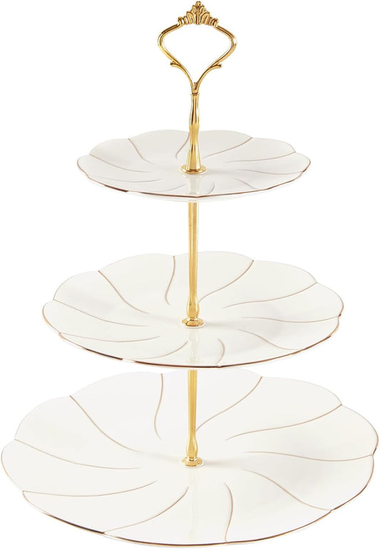 DUJUST Luxury Larger 3-Tier Cupcake Stand Tower, British Style Porcelain Serving Tray with Golden Trim, Food Grade Dessert Display Stand for Tea Party & Home Décor - 45% Larger Plates