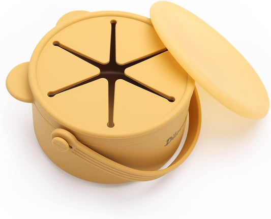 Snack Cups for Toddlers, Baby Snack Containers, Silicone Toddler Snack Cups No Spill, Food Catcher with Lid & Bucket-like Handle, BPA Free & Dishwasher Safe, 9 Ounce Mustard