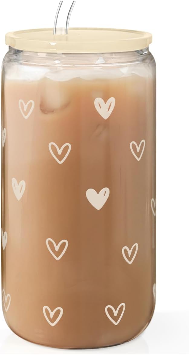 Heart 16oz Can Glass Tumbler with Acrylic Lid & Straw, Iced Coffee Cup for Women, Aesthetic Cups Gifts for Birthday Christmas Valentine