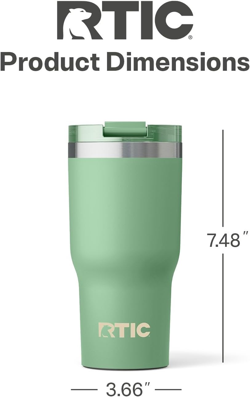 RTIC 20oz Essential Tumbler with Lid, Insulated, Stainless Steel, Metal, Double Wall Vacuum-Insulation, Ceramic Lined, Travel Cup for Iced Coffee, Tea, Hot and Cold Drink, Sage