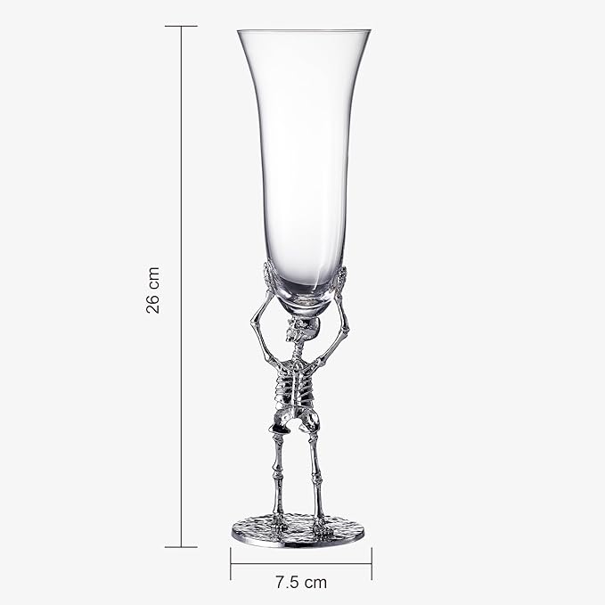 Skeleton Champagne Flute Glass 7.5oz | Gothic Halloween Drinkware | 10" Tall Skeleton Goblet for Haunted House Decor, Spooky Wine Glass, Gothic Party Supplies, Skeleton Gifts & Themed Celebrations