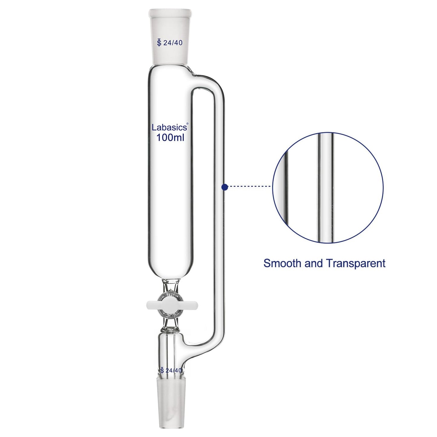 Labasics 100 ml Pressure Equalizing Addition Funnel, Borosilicate Glass Dropping Funnel 24/40 Joint with PTFE Stopcock for Laboratory