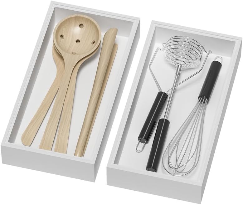 Bamboo Drawer Organizer, Cutlery Silverware Organizer for Kitchen Drawer, Stackable Utensil Organizer, 2 Pcs Flatware Organizer for Drawer, Wooden Storage Box Tray (White, 12 X 6 X 2 Inch)